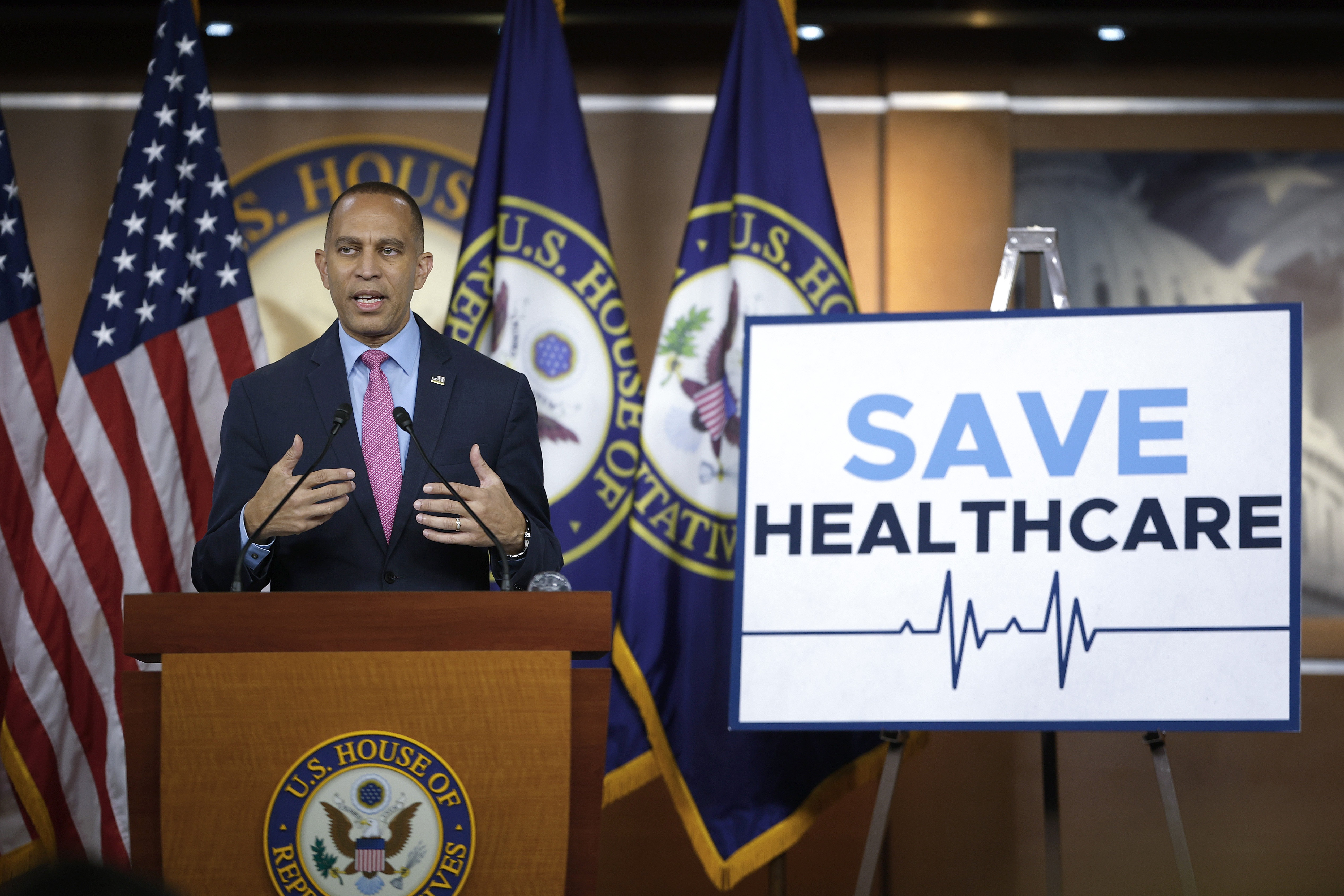 U.S. House Minority Leader Hakeem Jeffries, D-N.Y., holds a news conference at the U.S. Capitol on Oct. 3 in Washington, D.C. The federal government shut down early Wednesday after Congress and the White House failed to reach a funding deal.